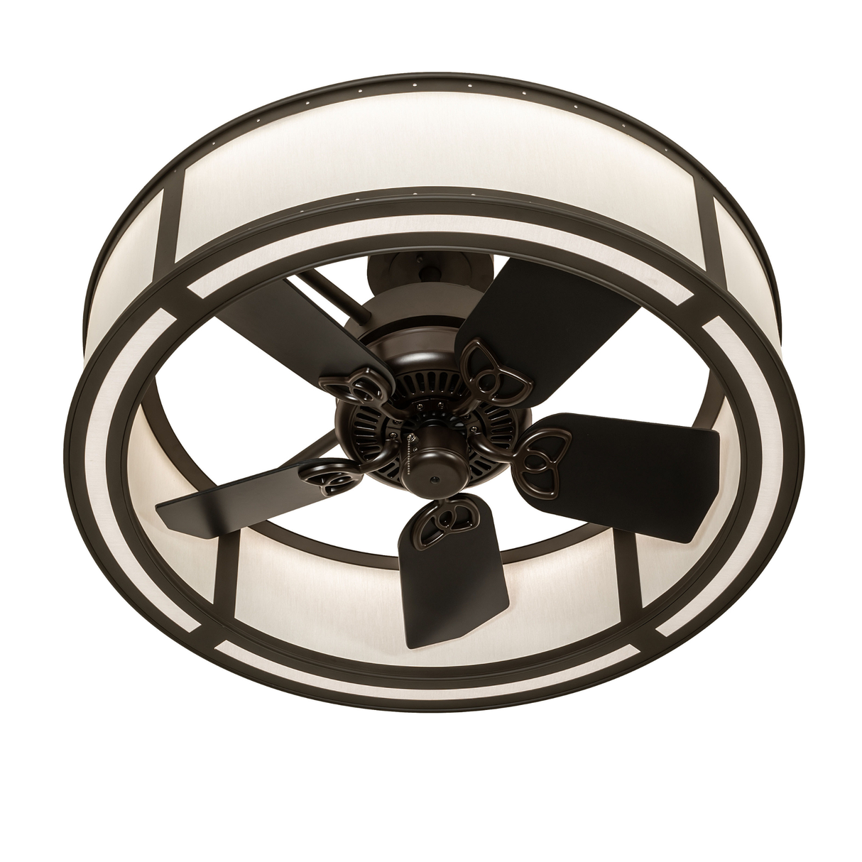 Bottom view of Smythe Craftsman chandelier showing fan blades and LED lights.