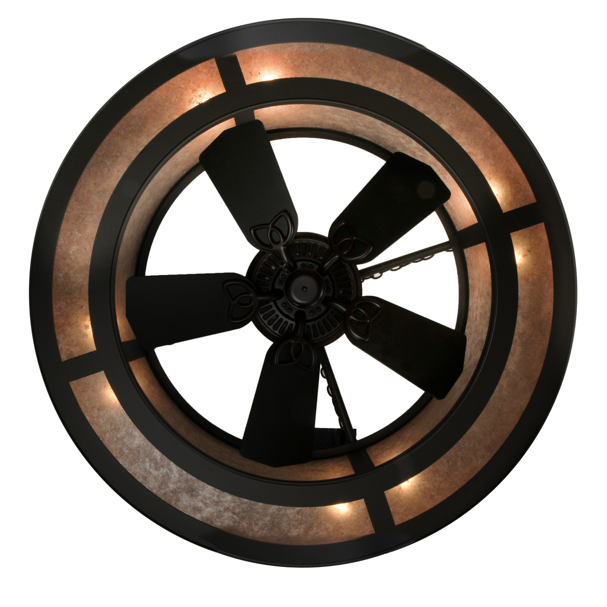 Bottom lit view with visible fan blades and lighted bronze frame.