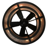 Bottom lit view with visible fan blades and lighted bronze frame.