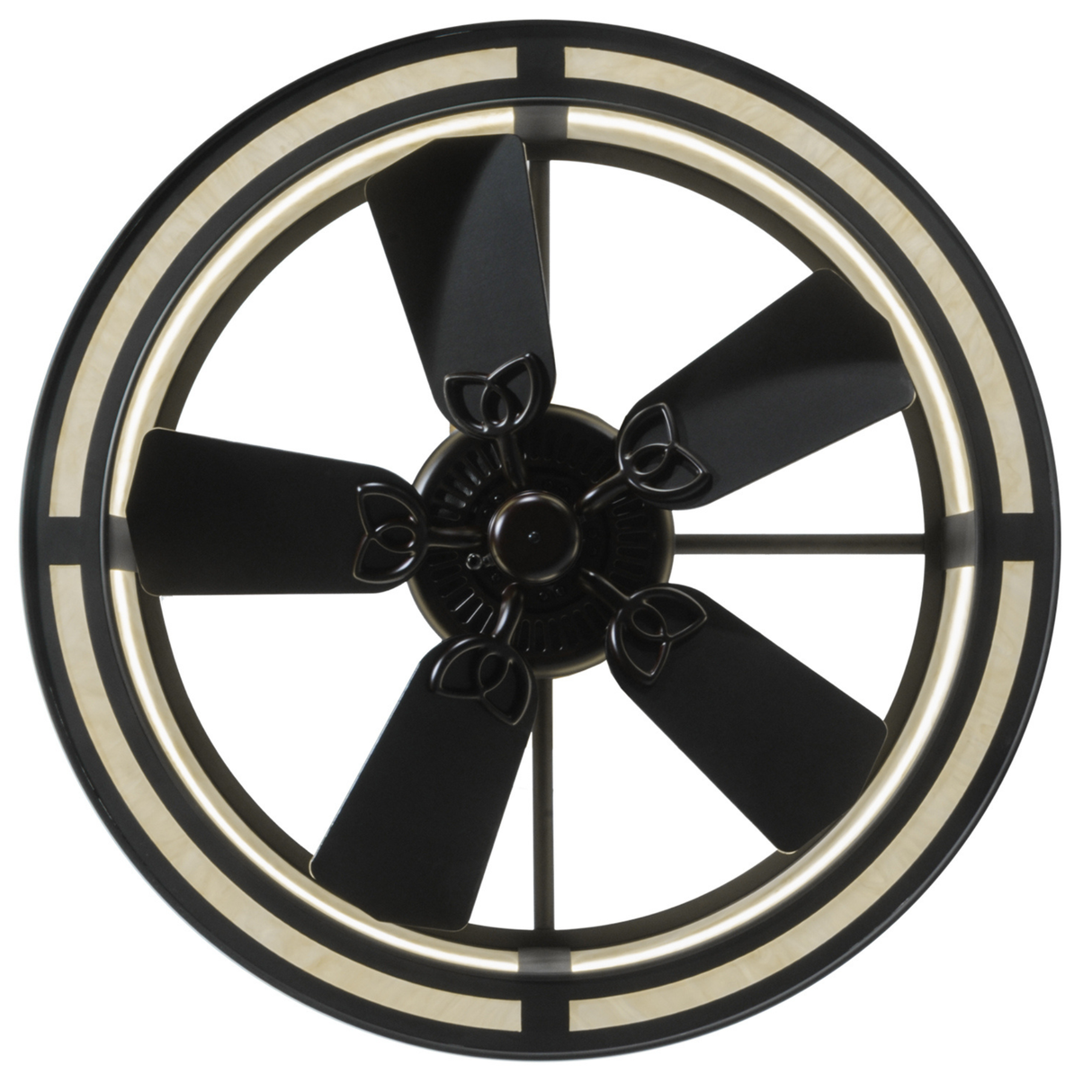 Bottom view displaying fan blades within circular lit diffuser.