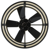 Bottom view displaying fan blades within circular lit diffuser.