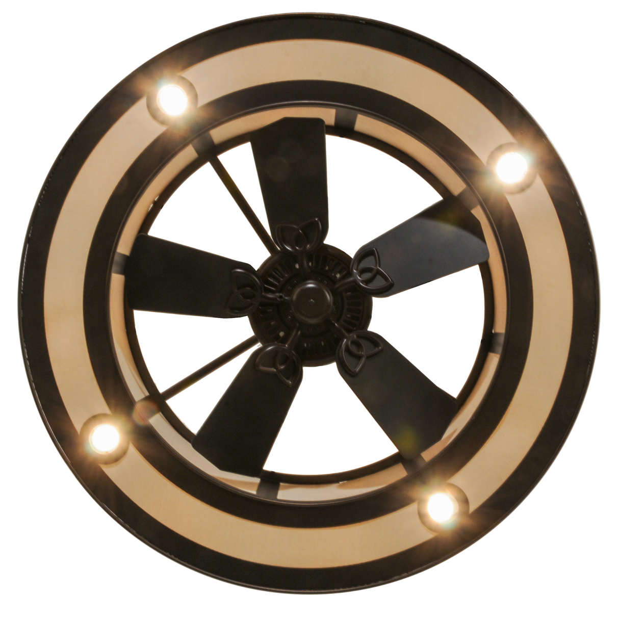 Bottom lit view showing five fan blades and four bright downlights.
