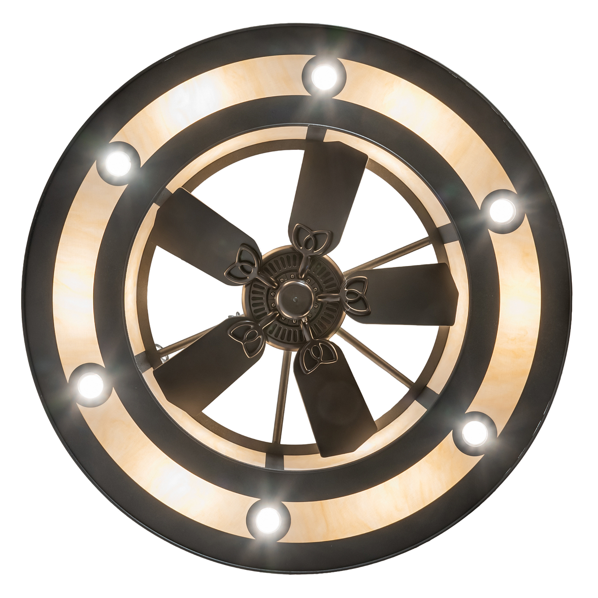 Bottom view showcasing fan blades and circular light arrangement.