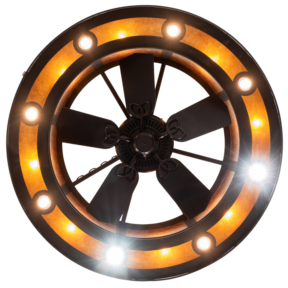 Bottom lit view showing circular light pattern and fan in motion.