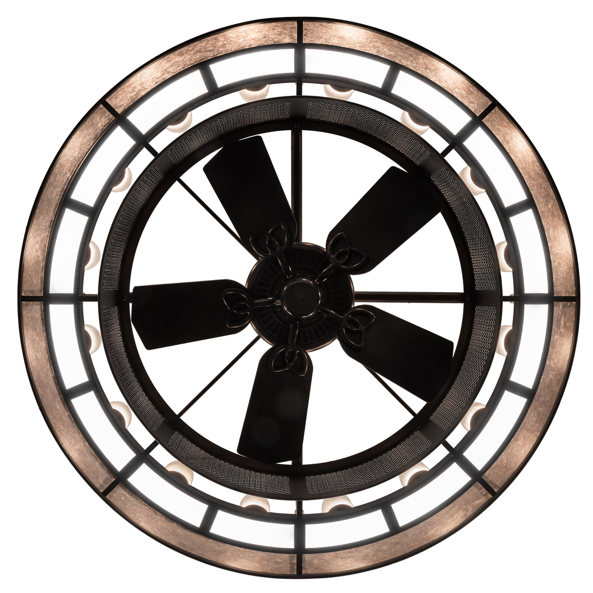 Bottom lit view with fan blades centered in round illuminated frame.
