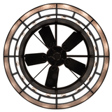 Bottom lit view with fan blades centered in round illuminated frame.