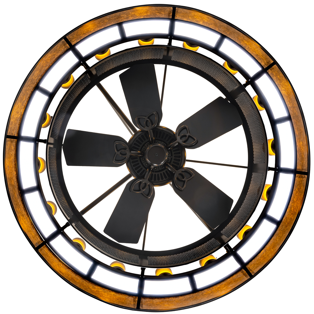 Bottom view showing symmetrical fan blades and glowing LEDs.