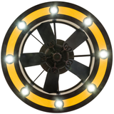 Direct bottom view showing fan blades and glowing LED light ring.