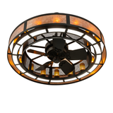 Bottom view of lit Smythe Craftsman Chandel-Air displaying fan blades and LED lights.