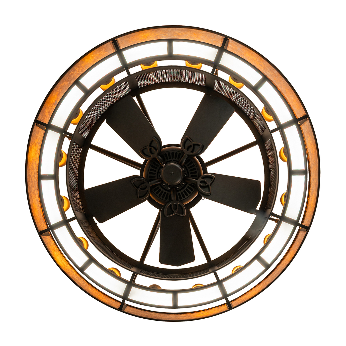 Bottom view of unlit Smythe Craftsman chandelier fan showing detailed craftsmanship.