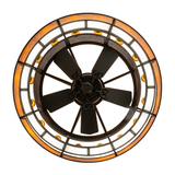 Bottom view of unlit Smythe Craftsman chandelier fan showing detailed craftsmanship.