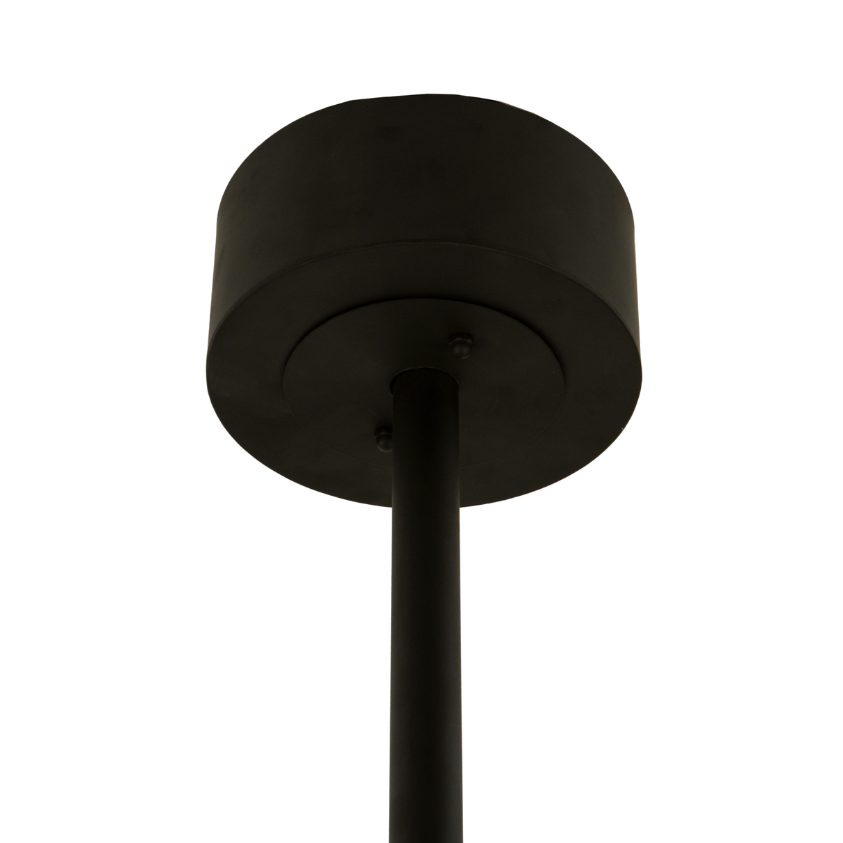 Closeup of ceiling canopy and suspension rod in dark bronze.