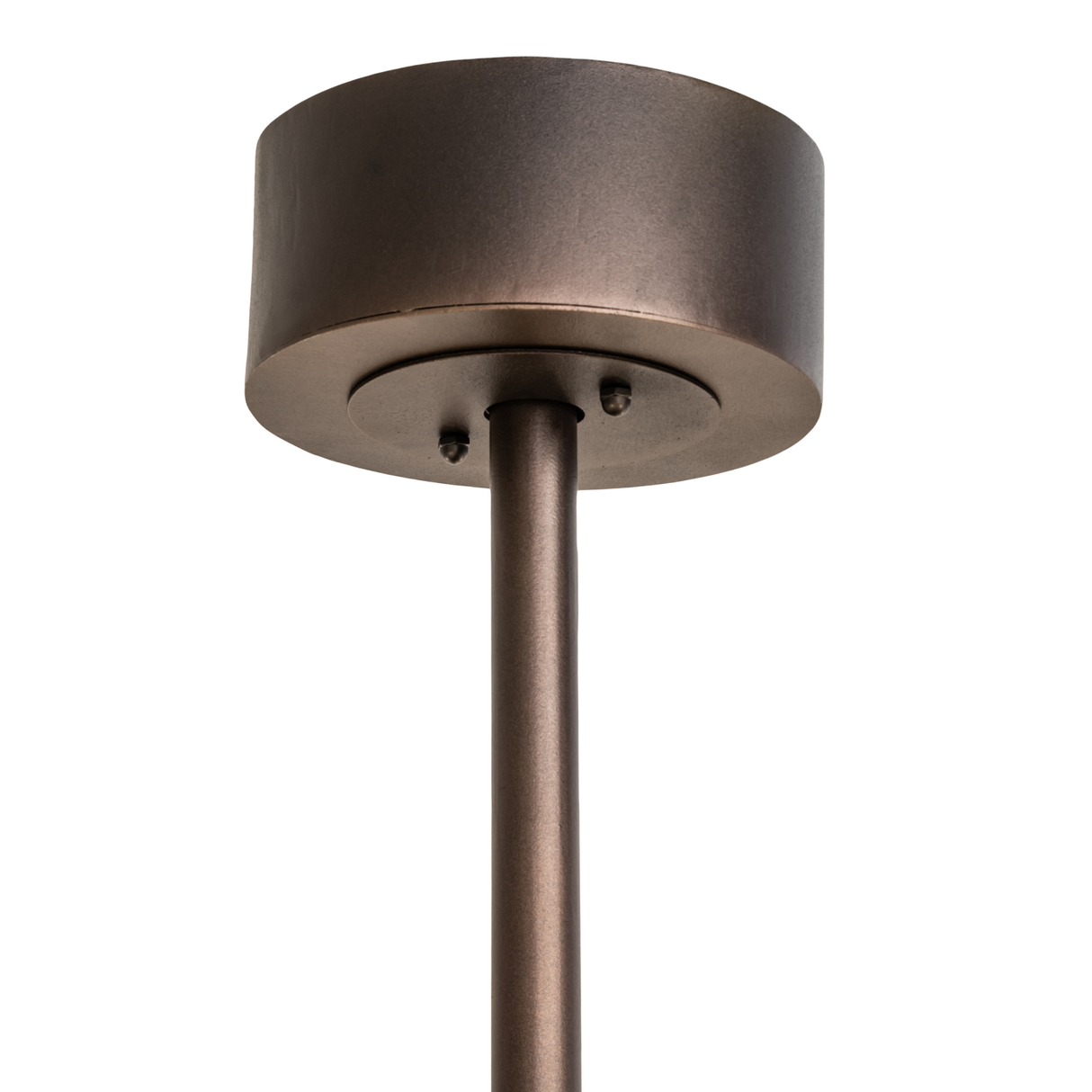Close-up of ceiling canopy and downrod with bronze finish.
