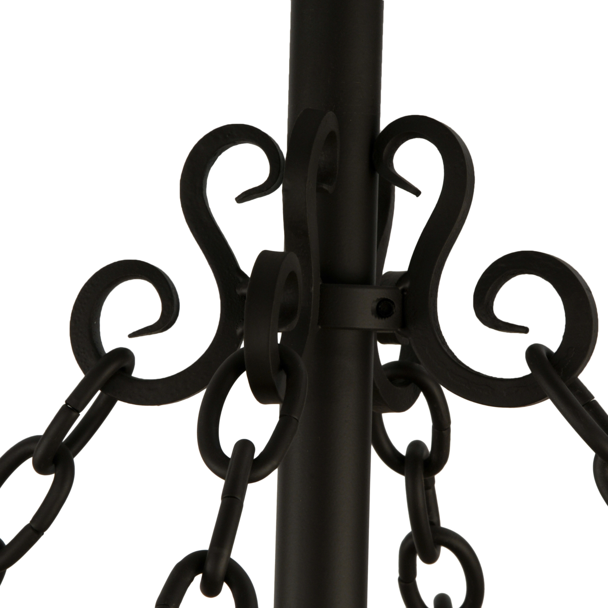 Closeup of decorative chain and scroll connector in bronze finish.