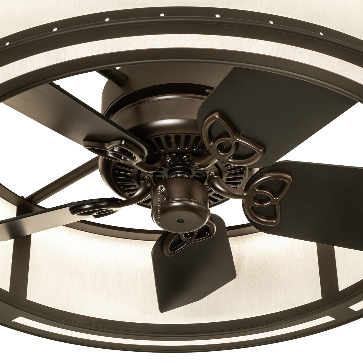 Close-up of Smythe Craftsman chandelier fan motor and blade detailing.