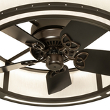 Close-up of Smythe Craftsman chandelier fan motor and blade detailing.