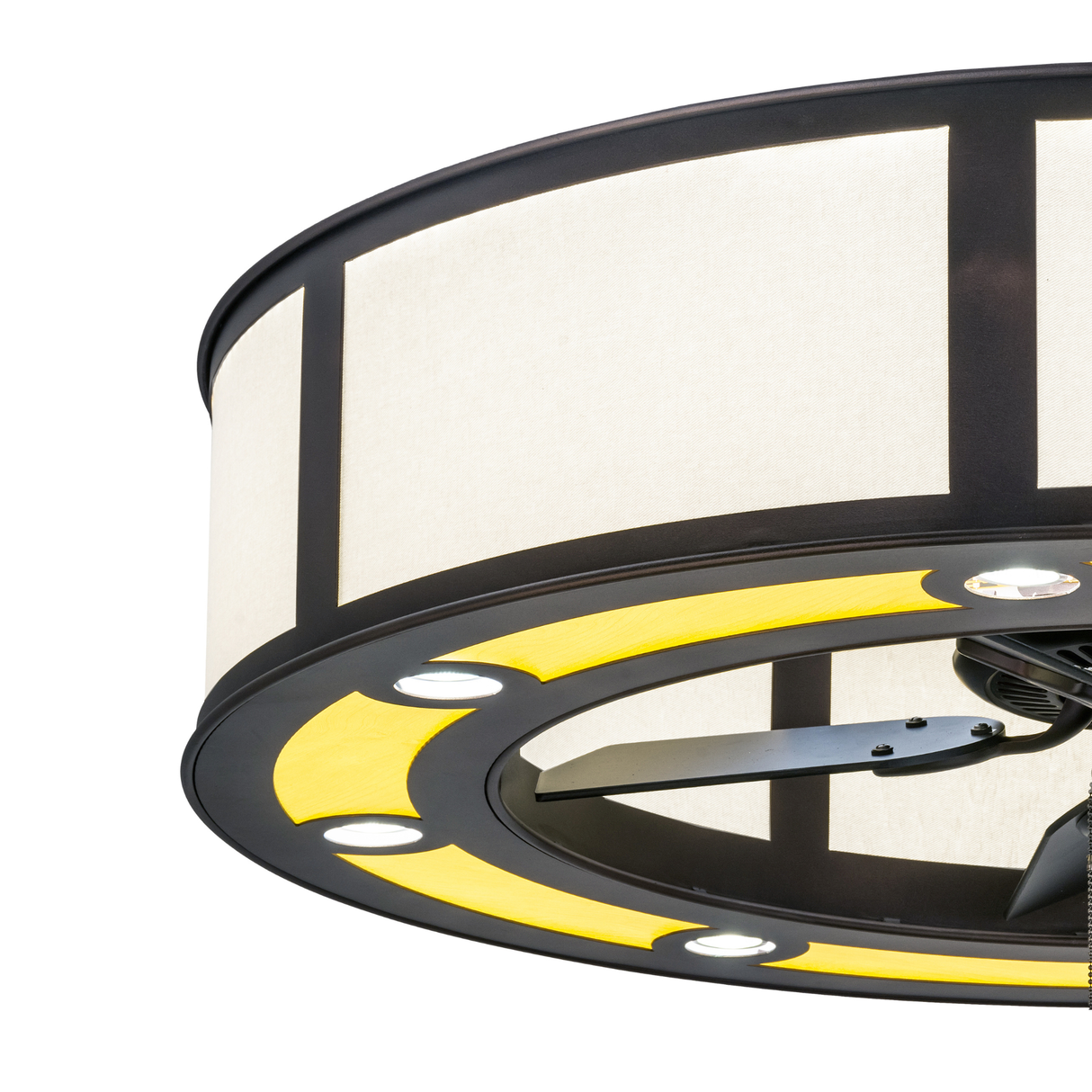 Close-up showing faux maplewood diffuser and soft bronze metal frame.