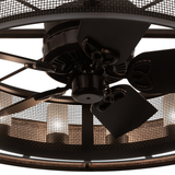 Close-up highlighting fan blades and mesh grille with gentle lighting.