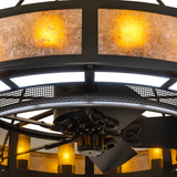 Close-up highlighting glowing mica diffuser and fan texture.
