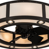 Close-up of Smythe Craftsman Chandel-Air fan and bronze detailing.