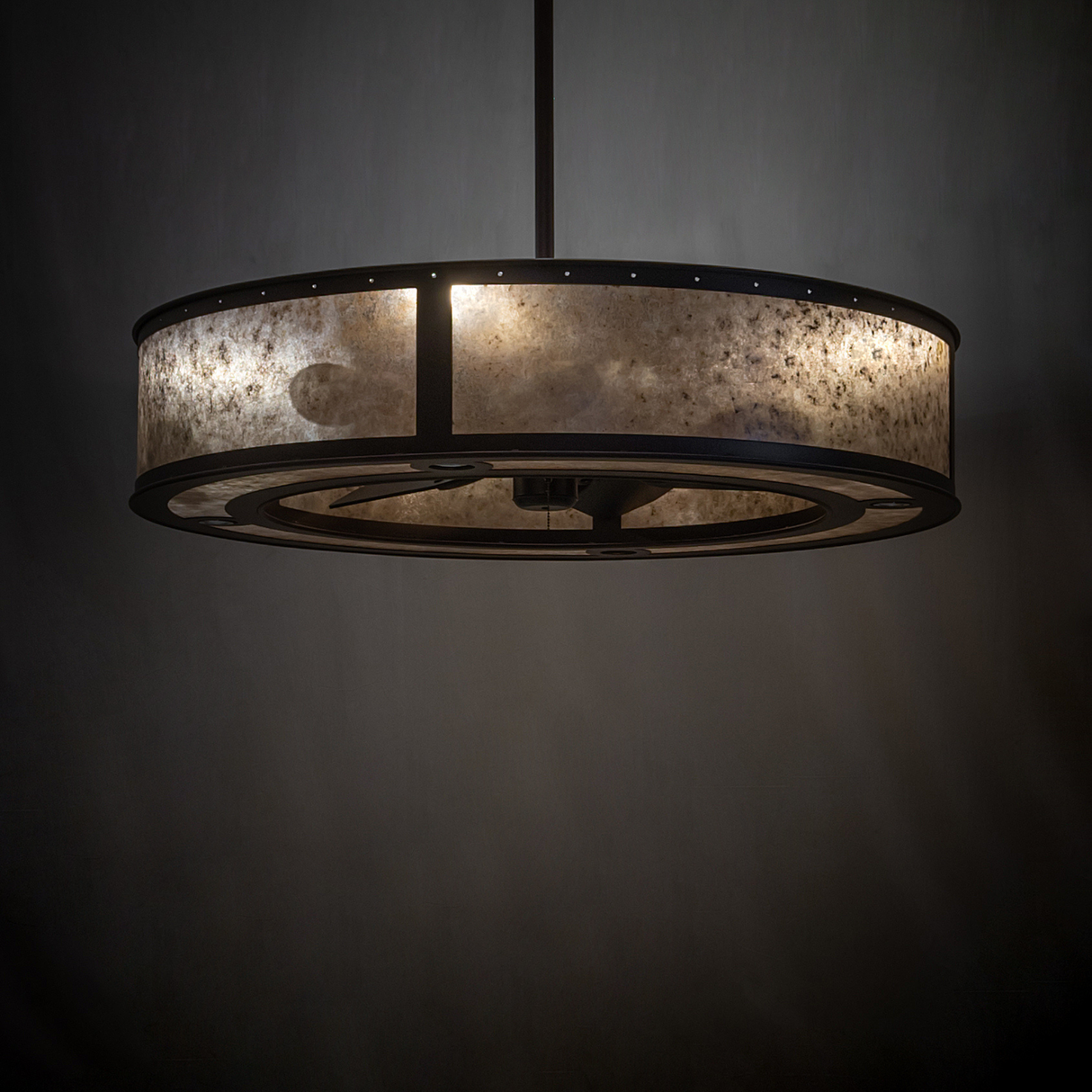 Smythe Craftsman chandelier fan with dark mica shade and subtle illumination.