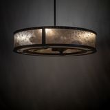 Smythe Craftsman chandelier fan with dark mica shade and subtle illumination.