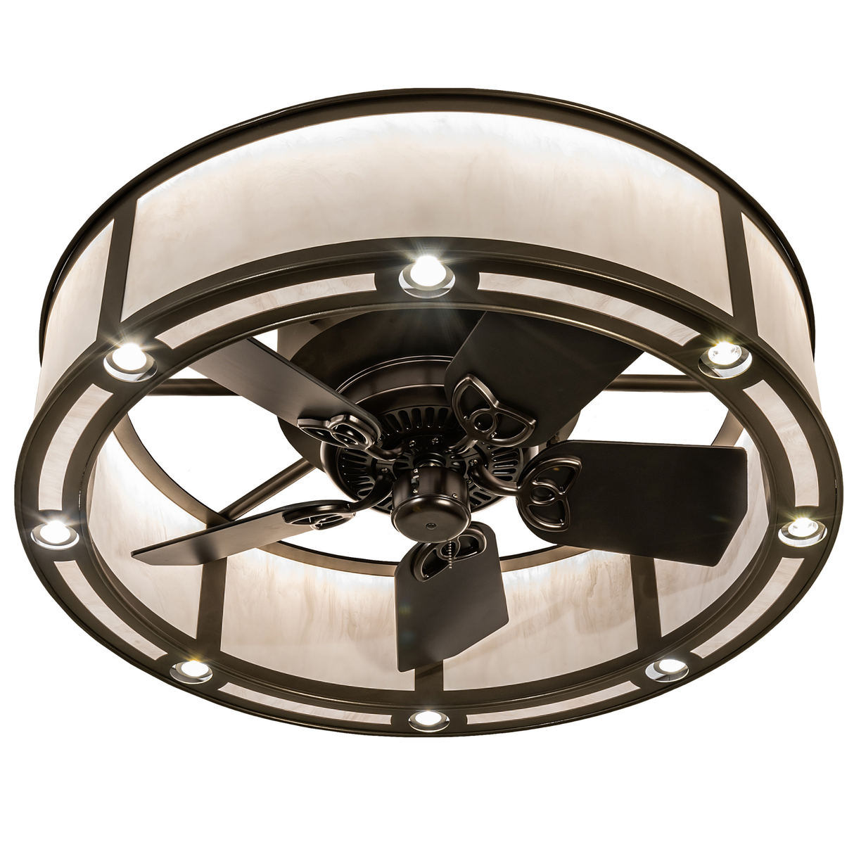 Close-up of fan blades and integrated LED lights inside Whitestone diffuser.