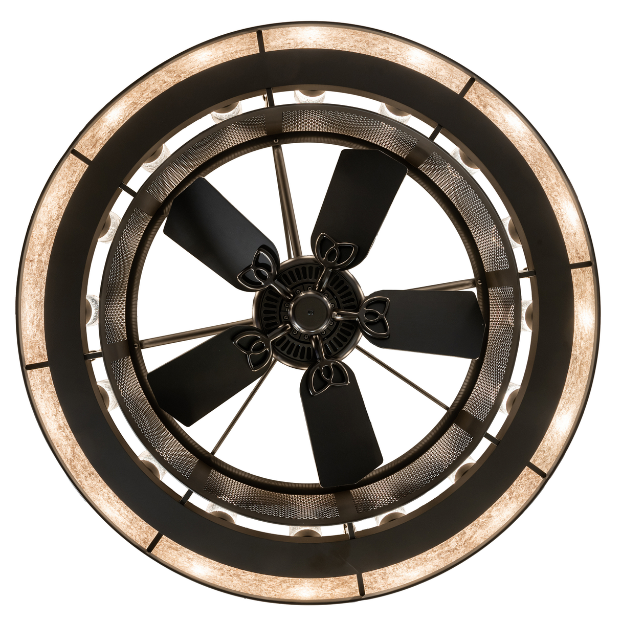 Close-up of fan and mesh grille inside illuminated mica ring.