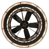 Close-up of fan and mesh grille inside illuminated mica ring.