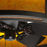Close-up of integrated fan blades and amber mica glow.