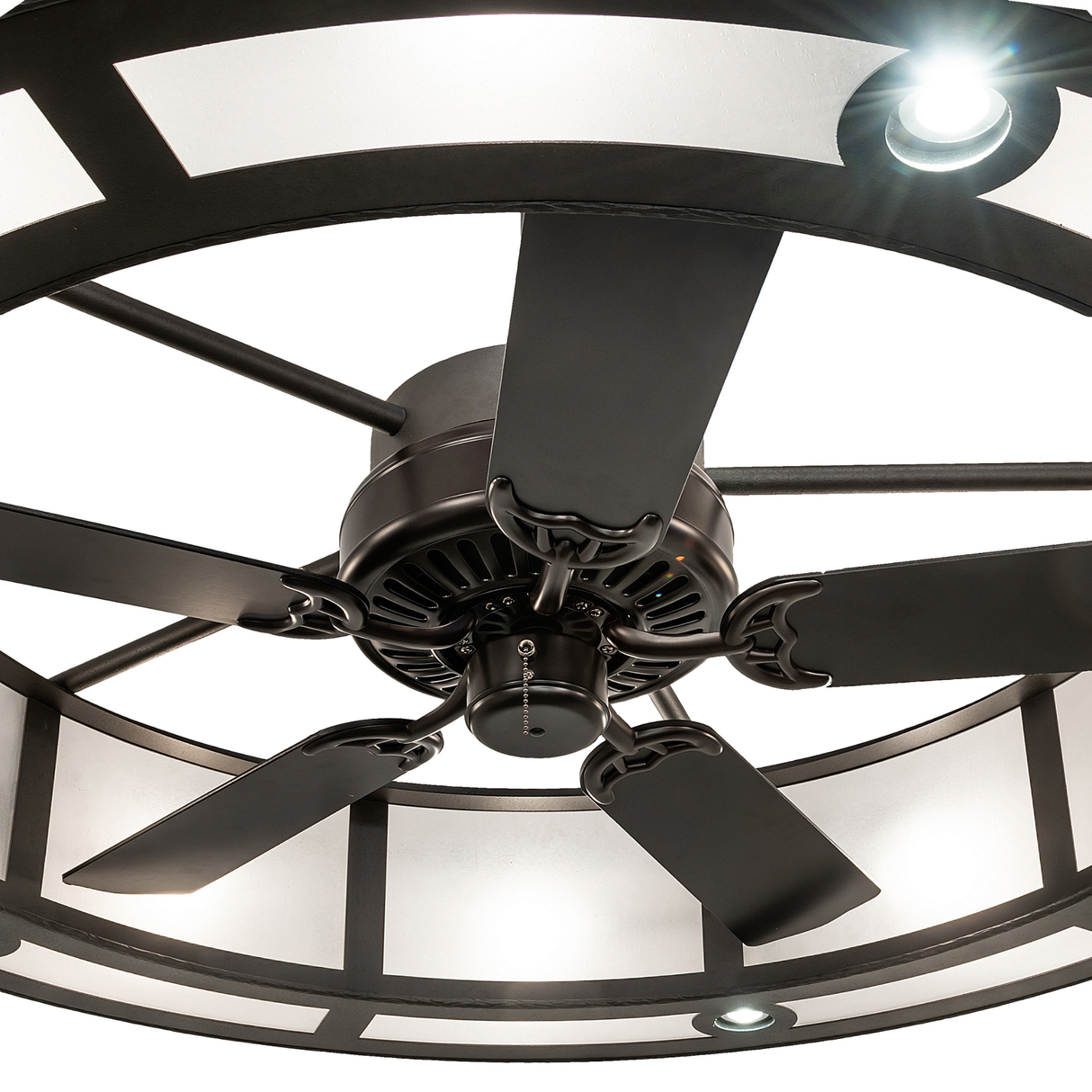 Close-up of central fan and lighting integration.