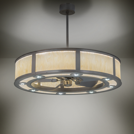 Ambient lit view of Smythe Craftsman Chandel-Air glowing softly in a modern room.