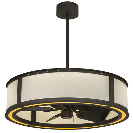Front angled lit view with soft LED glow and modern bronze frame.
