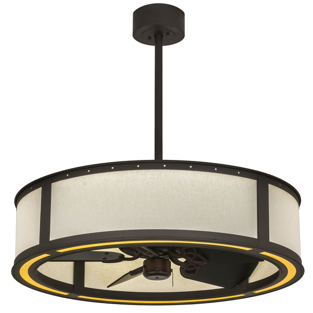 Front angled lit view with soft LED glow and modern bronze frame.
