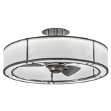 Front angled lit view showing frosted diffuser and modern fan blades.
