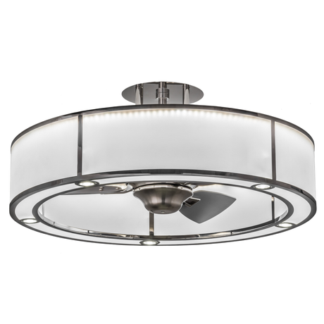 Front angled lit view showing frosted diffuser and modern fan blades.