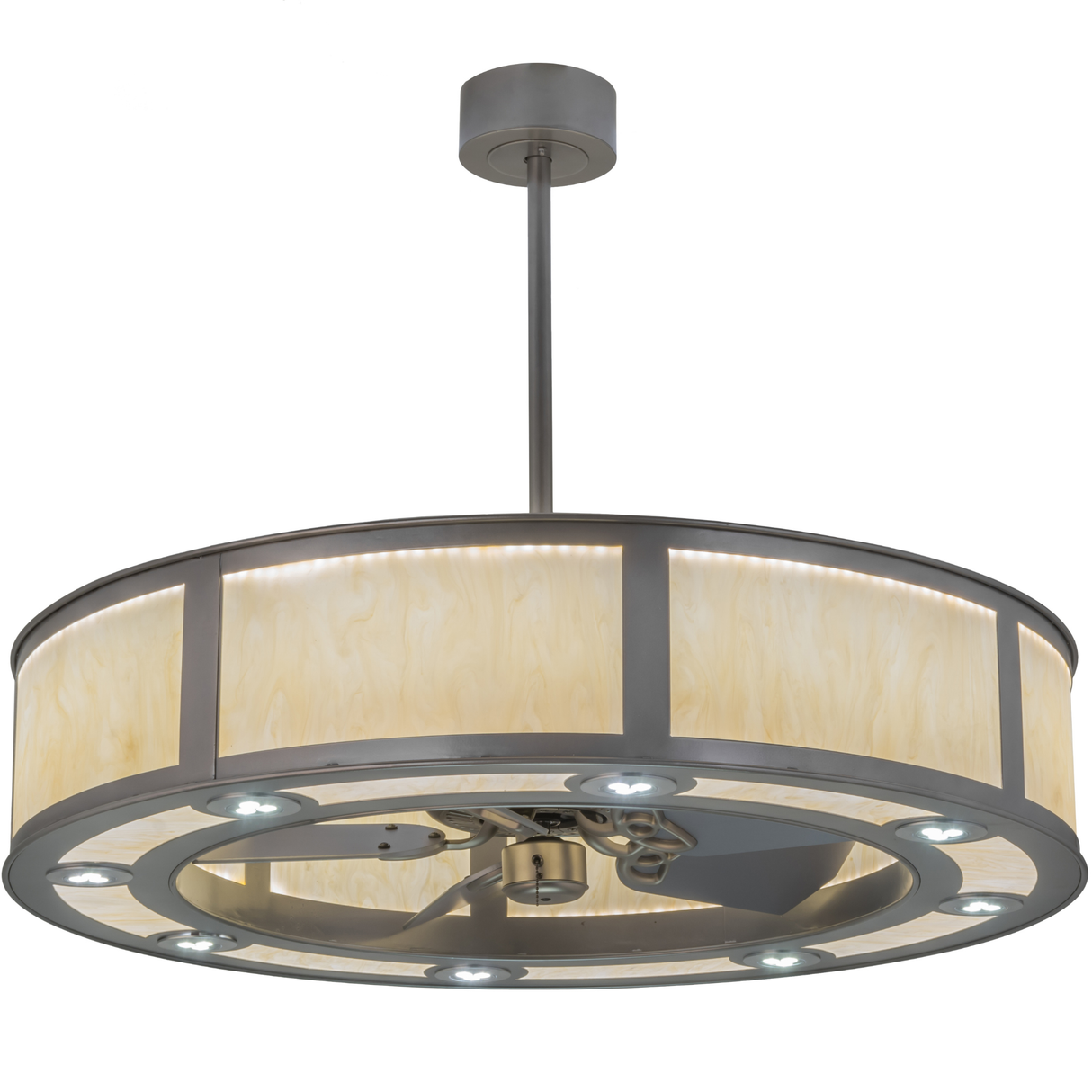 Front angle lit view of Smythe Craftsman Chandel-Air with nickel finish and LED glow.