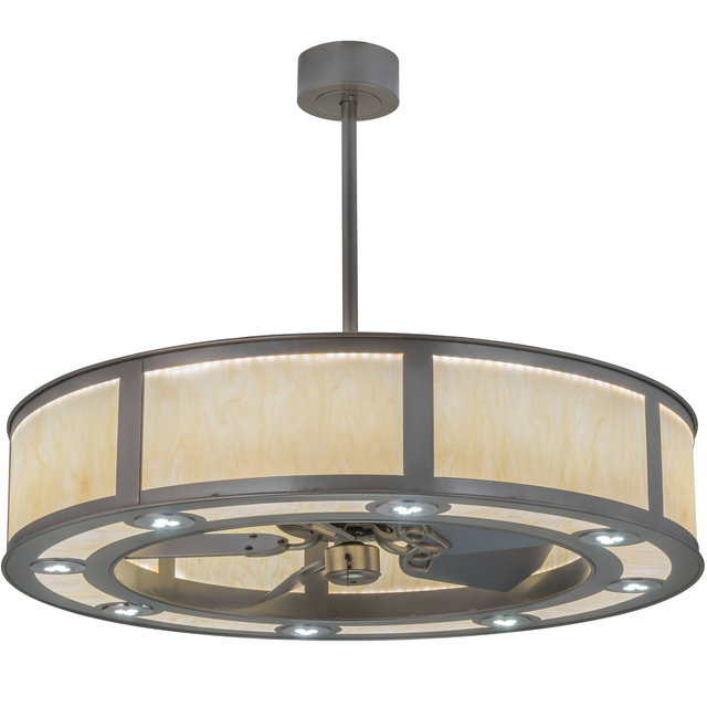 Front angle lit view of Smythe Craftsman Chandel-Air with nickel finish and LED glow.