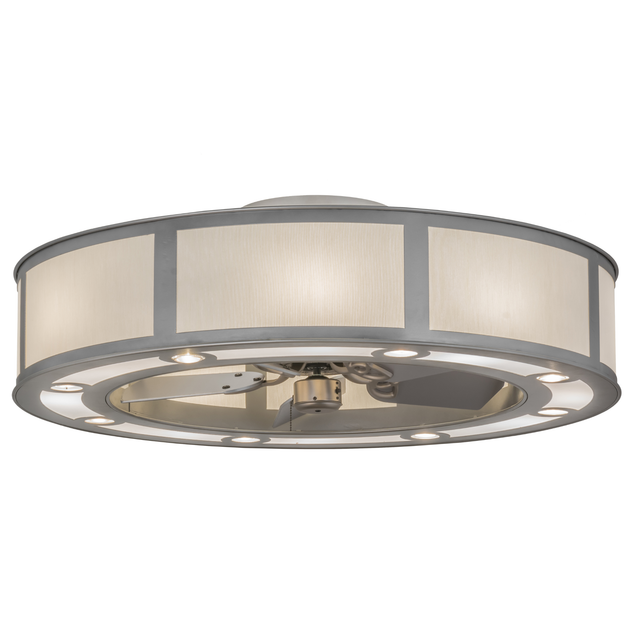 Front angle lit view of Smythe Craftsman Chandel-Air with nickel finish and soft glow.