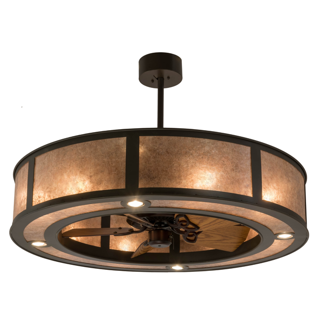 Front angled lit view showing amber mica glow and fan center.