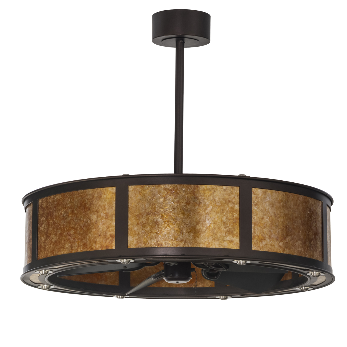 Front angle unlit view highlighting bronze frame and mica panels.