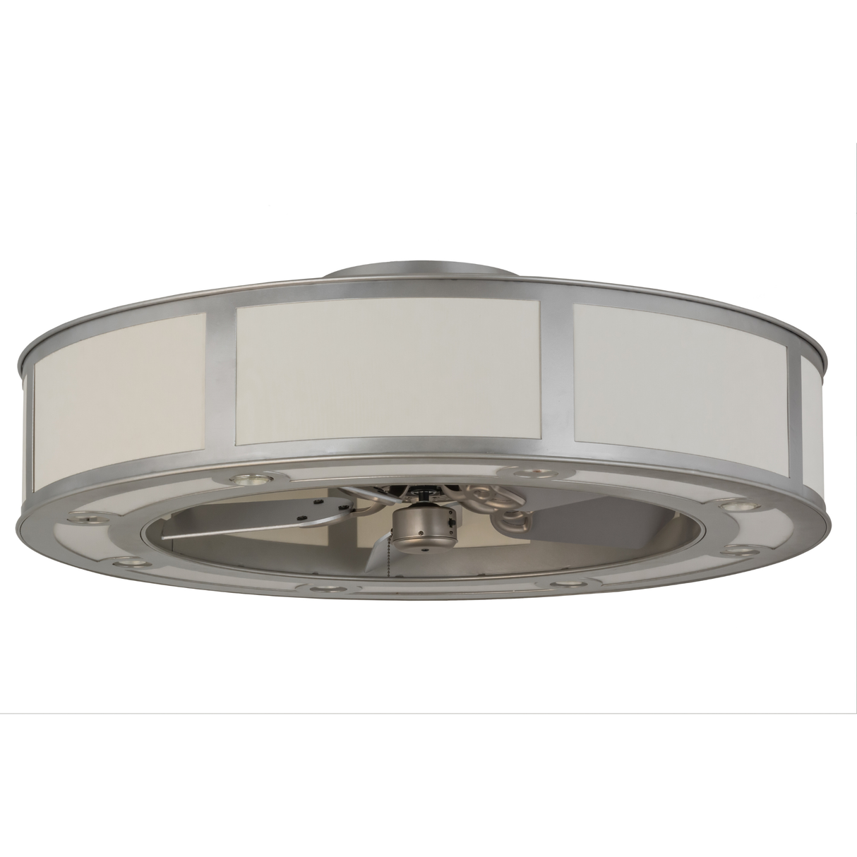 Front unlit view highlighting Smythe Craftsman Chandel-Air’s modern nickel frame.