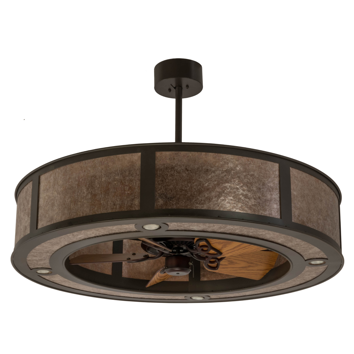 Front angled unlit view showing mica diffuser and fan design.