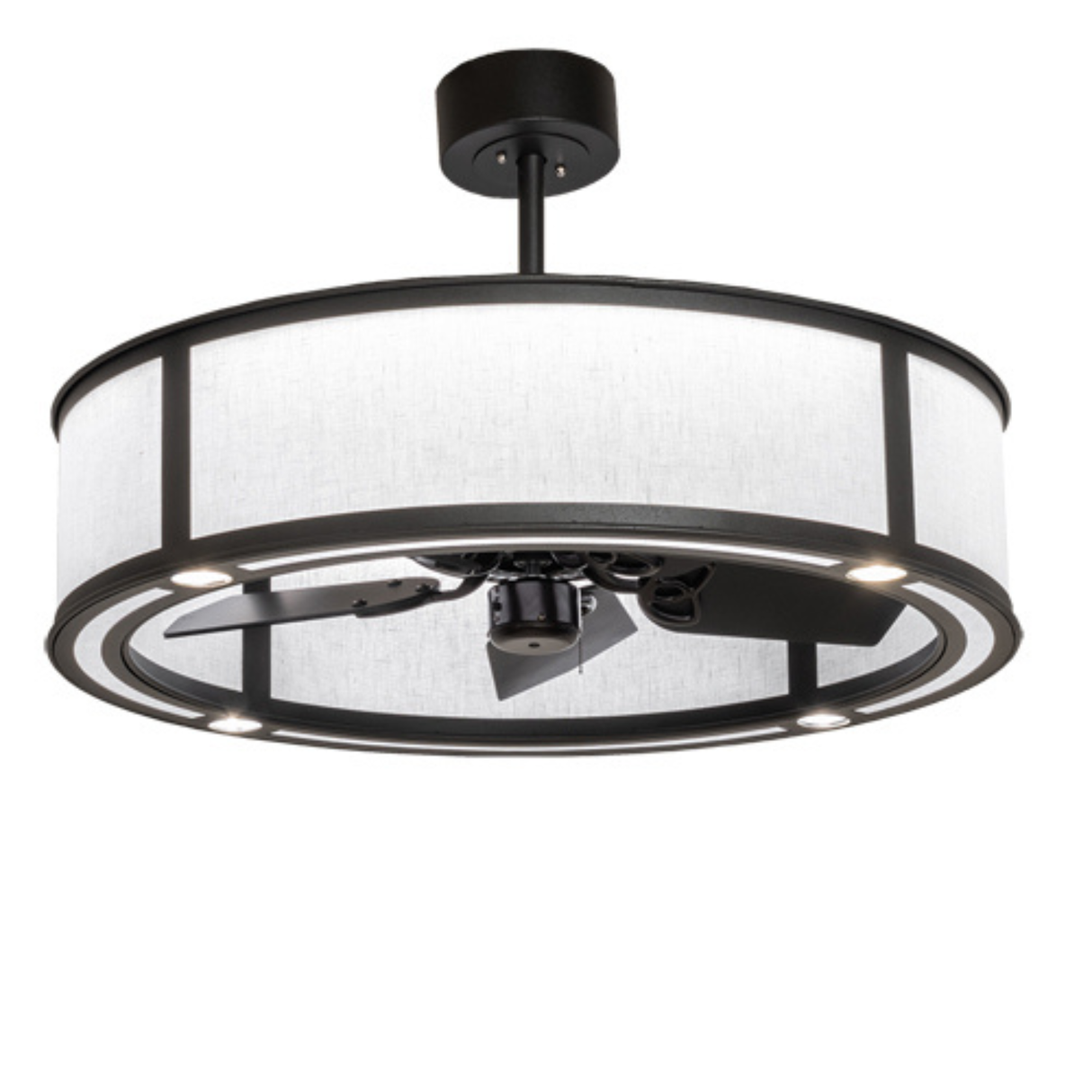 Front view of Smythe Craftsman Chandel-Air with glowing fabric diffuser.