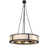 Full-length lit view showing suspension rods and glowing linen shade.