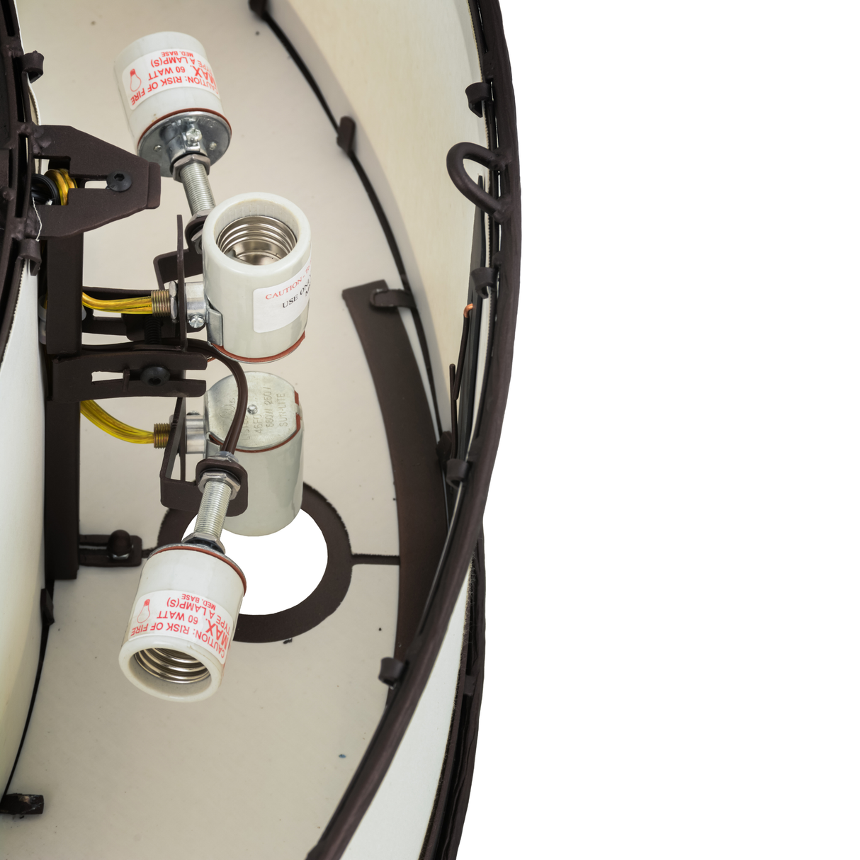 Closeup showing interior bulb sockets and wiring structure.