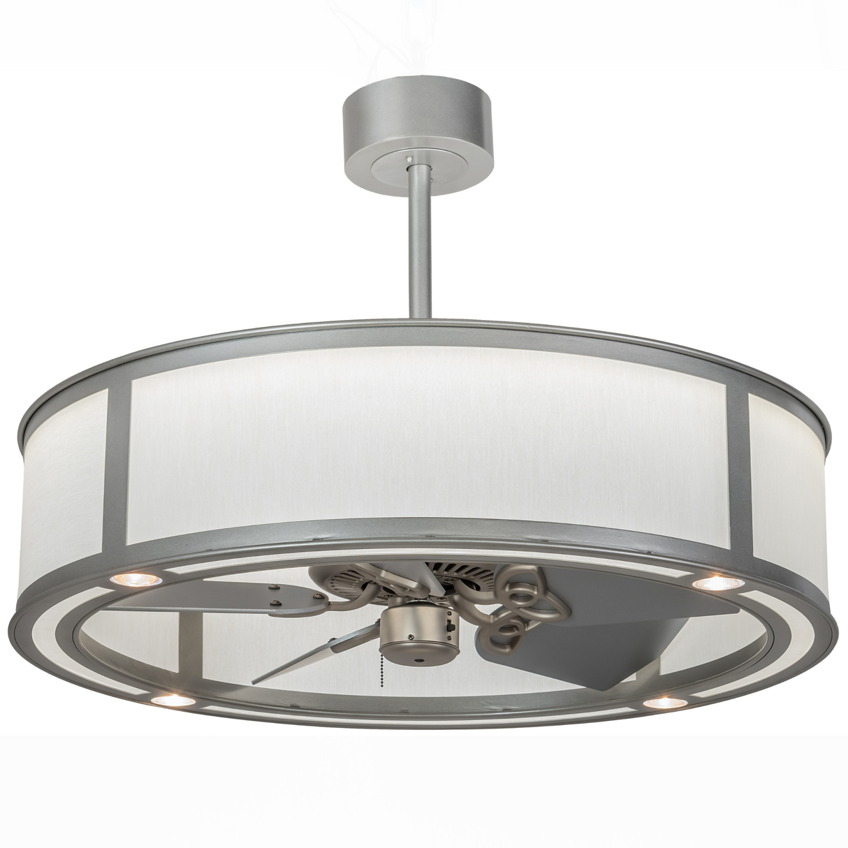 Angled lit view of Smythe Craftsman Chandel-Air with glowing Eggshell Textrene shade.