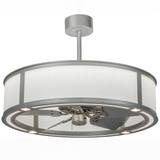 Angled lit view of Smythe Craftsman Chandel-Air with glowing Eggshell Textrene shade.