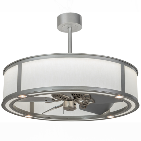 Angled lit view of Smythe Craftsman Chandel-Air with glowing Eggshell Textrene shade.
