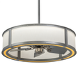 Angled lit view of Smythe Craftsman Chandel-Air with Beige Linen shade and Nickel finish.